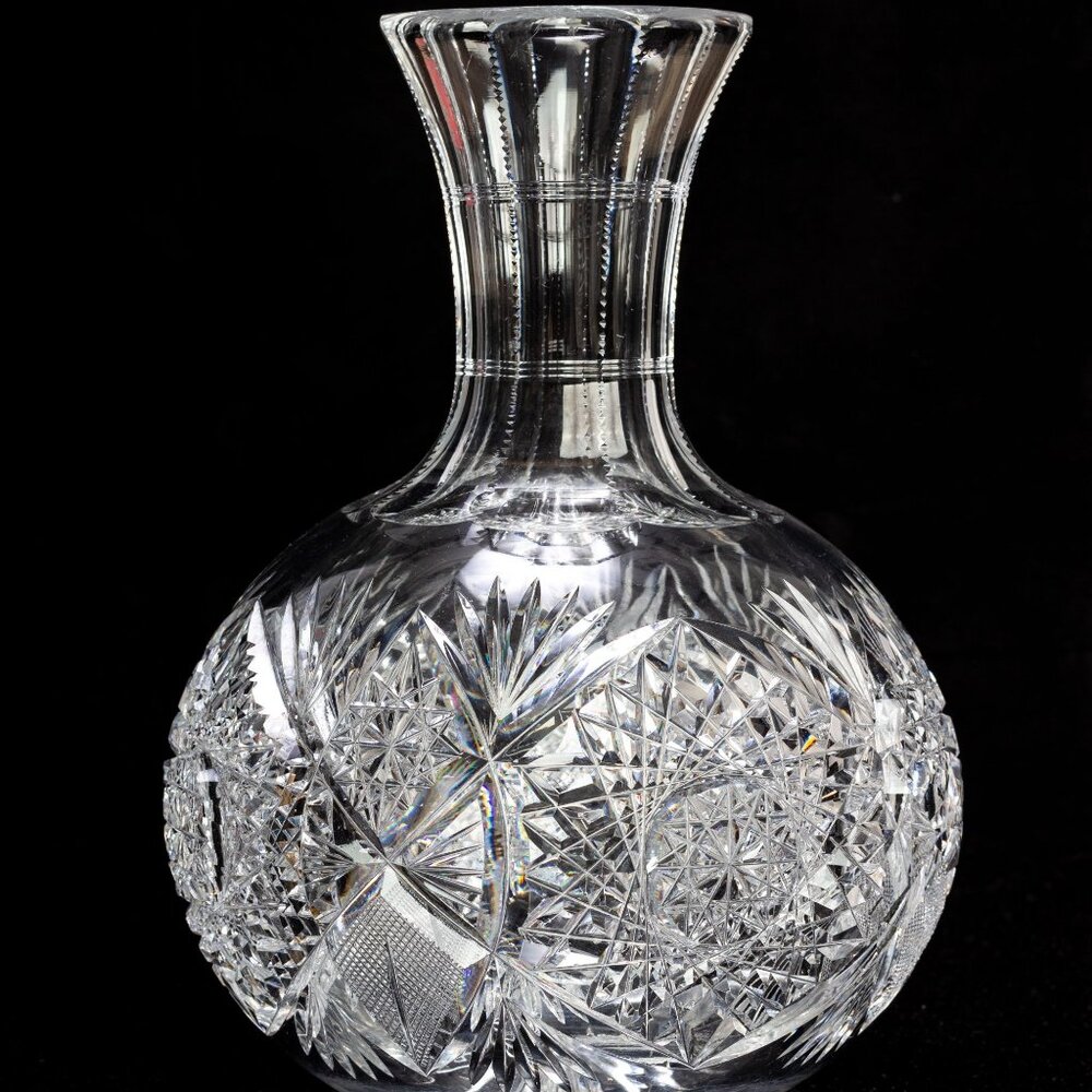 Antique Hand-Cut Crystal Vase With Intricate Starburst & Geometric Patterns